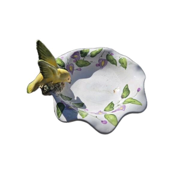 Handmade Artisan Ceramic Pottery Bird Feeder Bath Planter Yellow Koi Birds - Picture 5 of 5